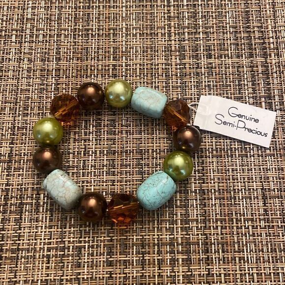 Genuine Semi-Precious Stone Stretch Bracelet Turquoise Green Brown Made in USA - Picture 5 of 7